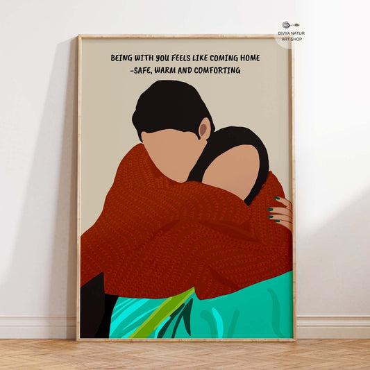 Indian couple art print featuring a comforting embrace.