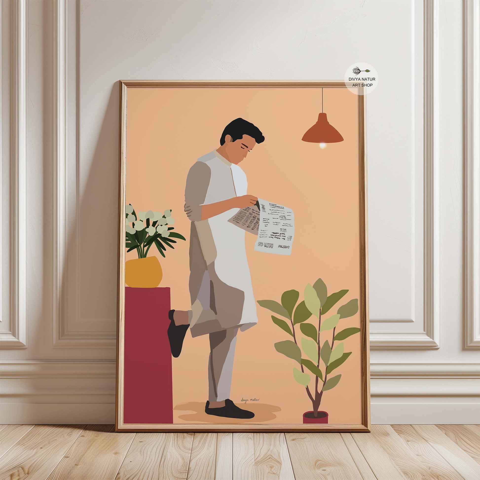 Elegant illustration of a man in traditional attire immersed in reading.