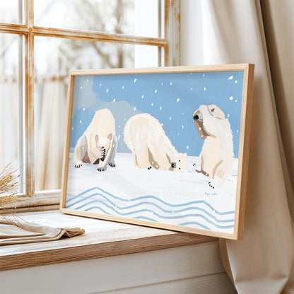 Cute polar bears rolling, hiding, and gazing up, archival giclée fine art print for nurseries