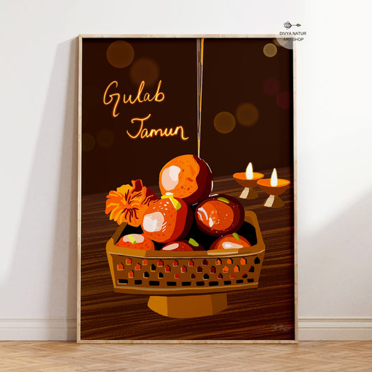Food art capturing the essence of Indian desserts with Gulab Jamun as the focus.