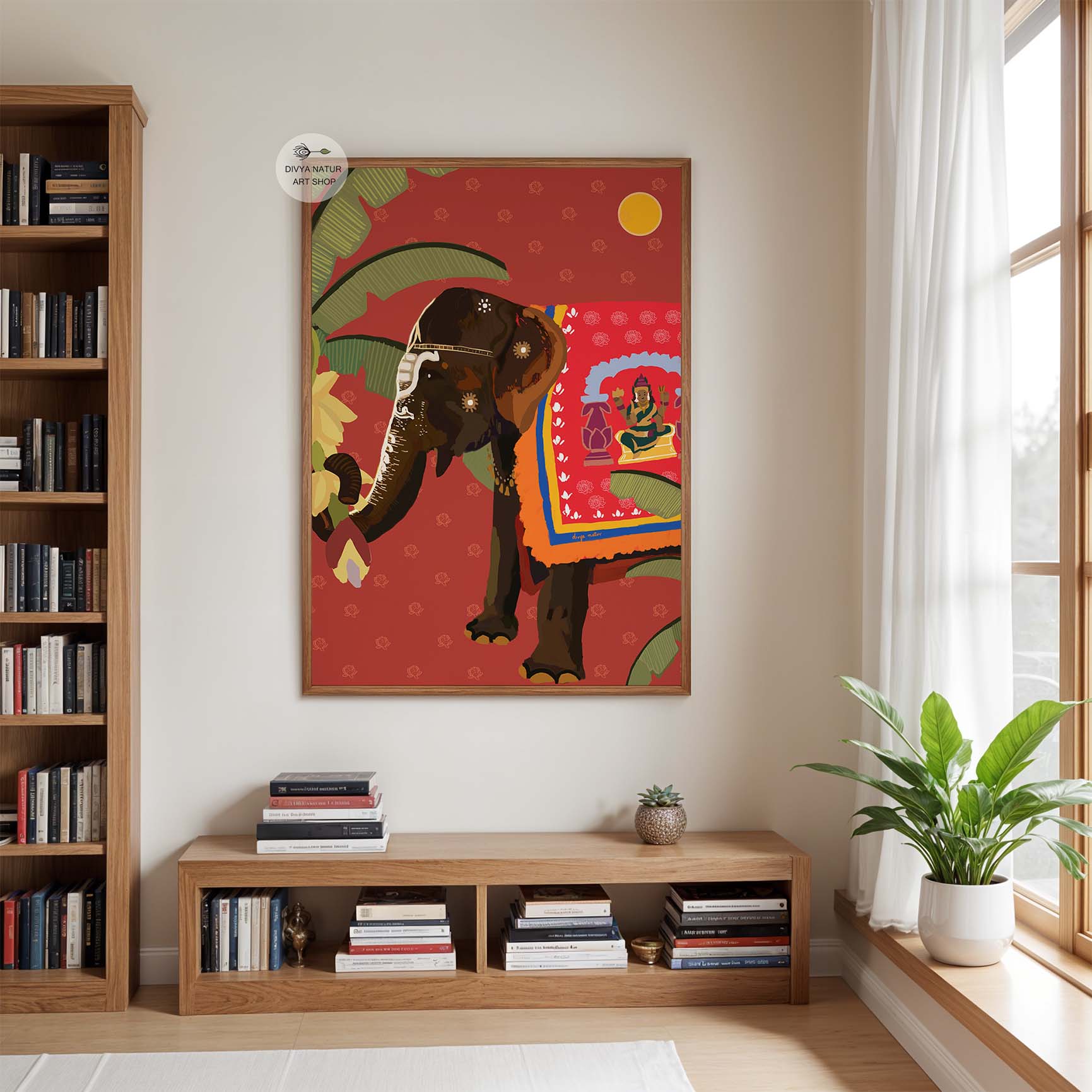 Traditional Indian elephant illustration in vibrant colors for bohemian interior wall decor.