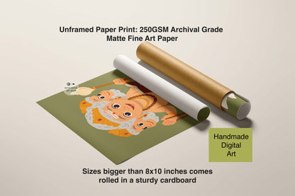 Hindu cultural fine art print featuring adorable Brahma sitting on lotus flower of purity