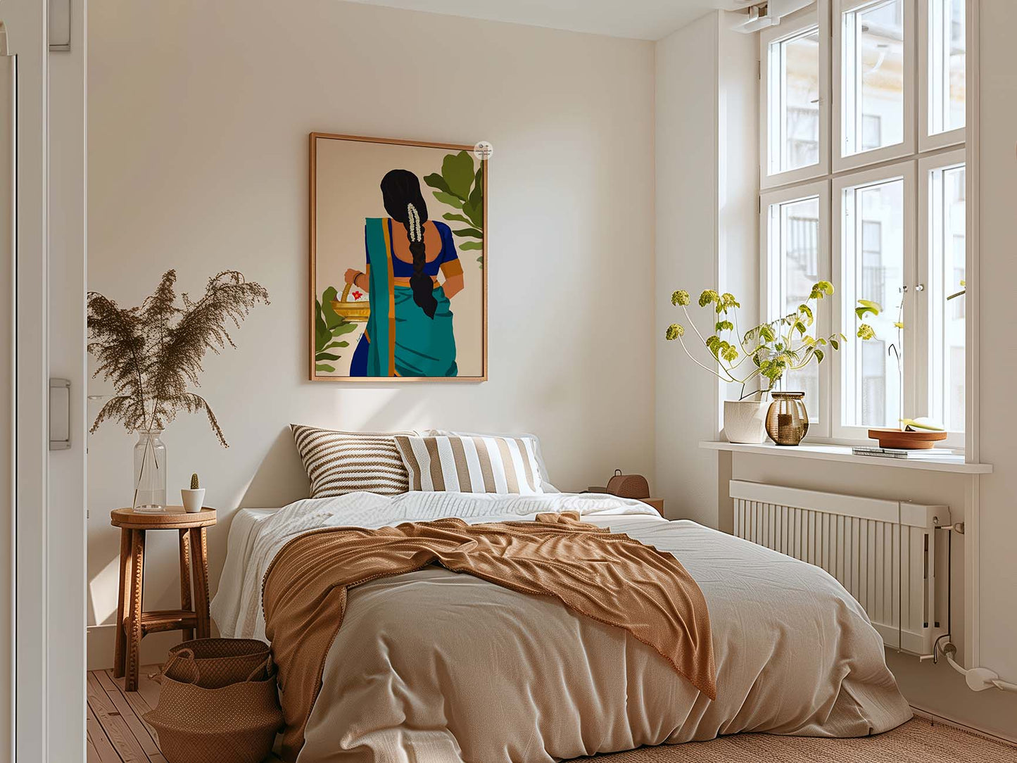 Premium cultural wall art of traditional Indian woman in teal saree and floral braid.