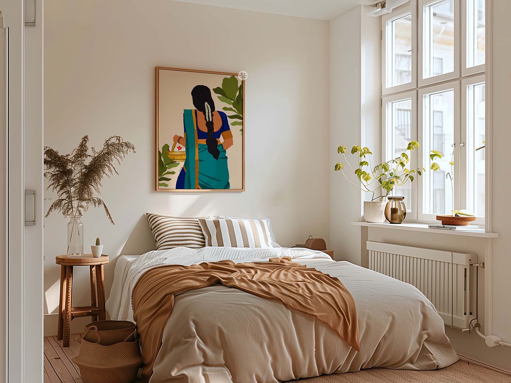 Premium cultural wall art of traditional Indian woman in teal saree and floral braid.