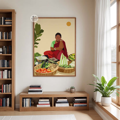 Indian folk art of village woman with vegetable baskets, vibrant wall decor.