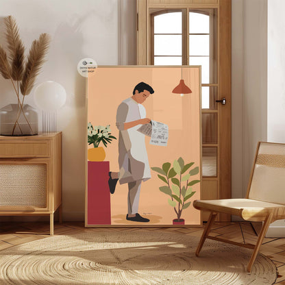 Contemporary faceless artwork with warm earthy tones.