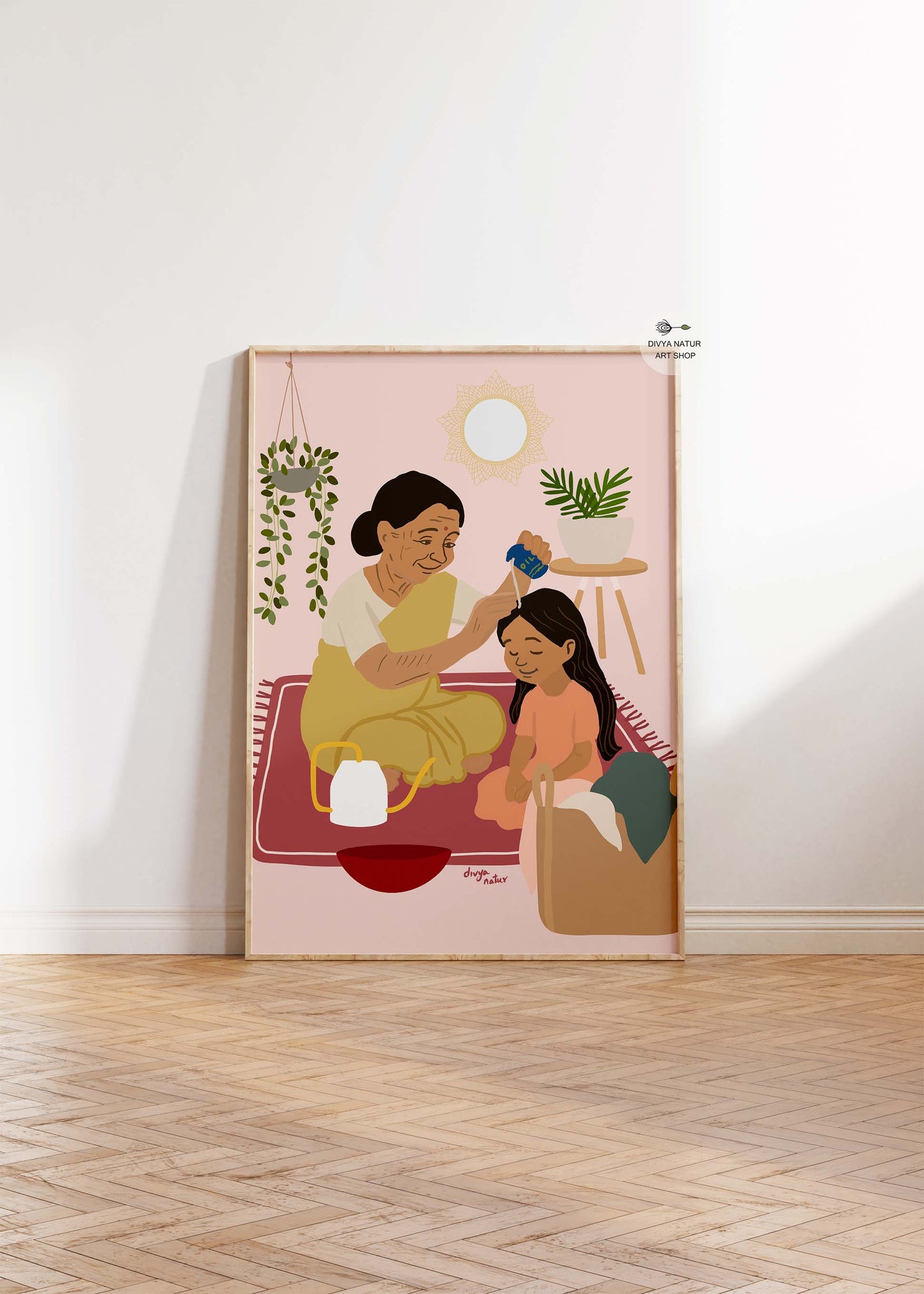 Hand illustrated grandmother oiling granddaughter hair wall art