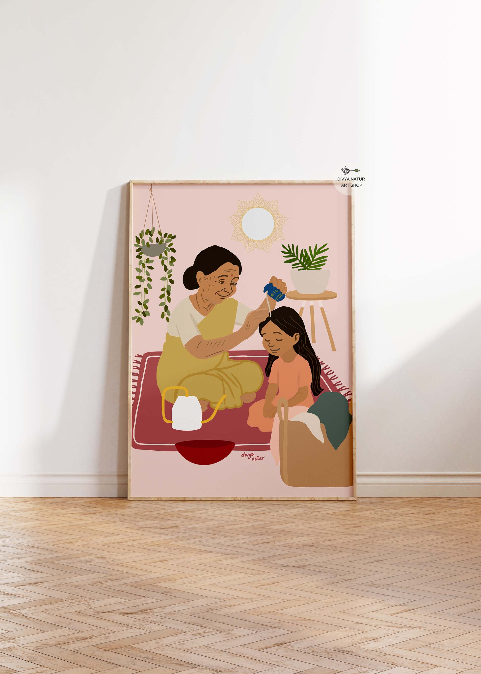 Hand illustrated grandmother oiling granddaughter hair wall art