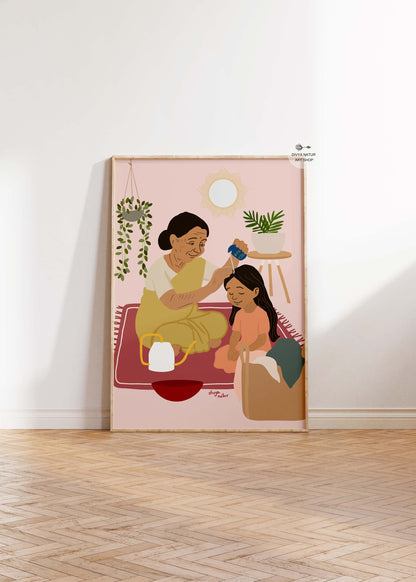 Hand illustrated grandmother oiling granddaughter hair wall art