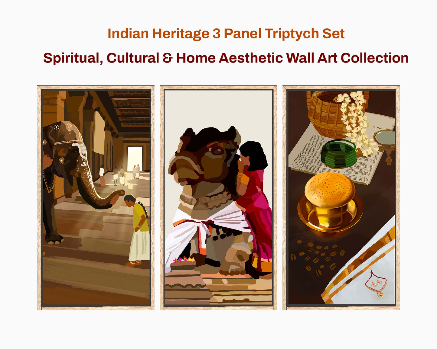 Temple elephant framed canvas in warm earthy tones for cultural home decor