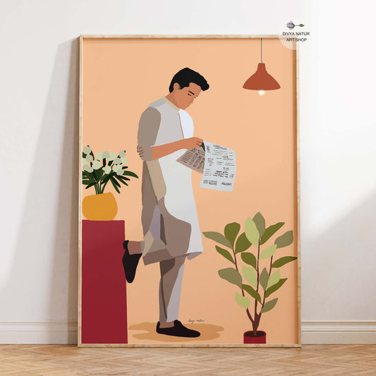 Minimalist faceless digital painting of a man reading a newspaper.