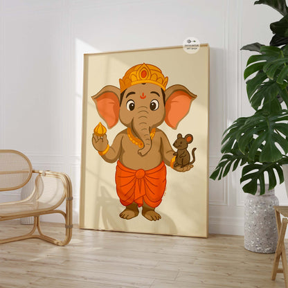 Bright orange Baby Ganesha wall decor print for children’s rooms