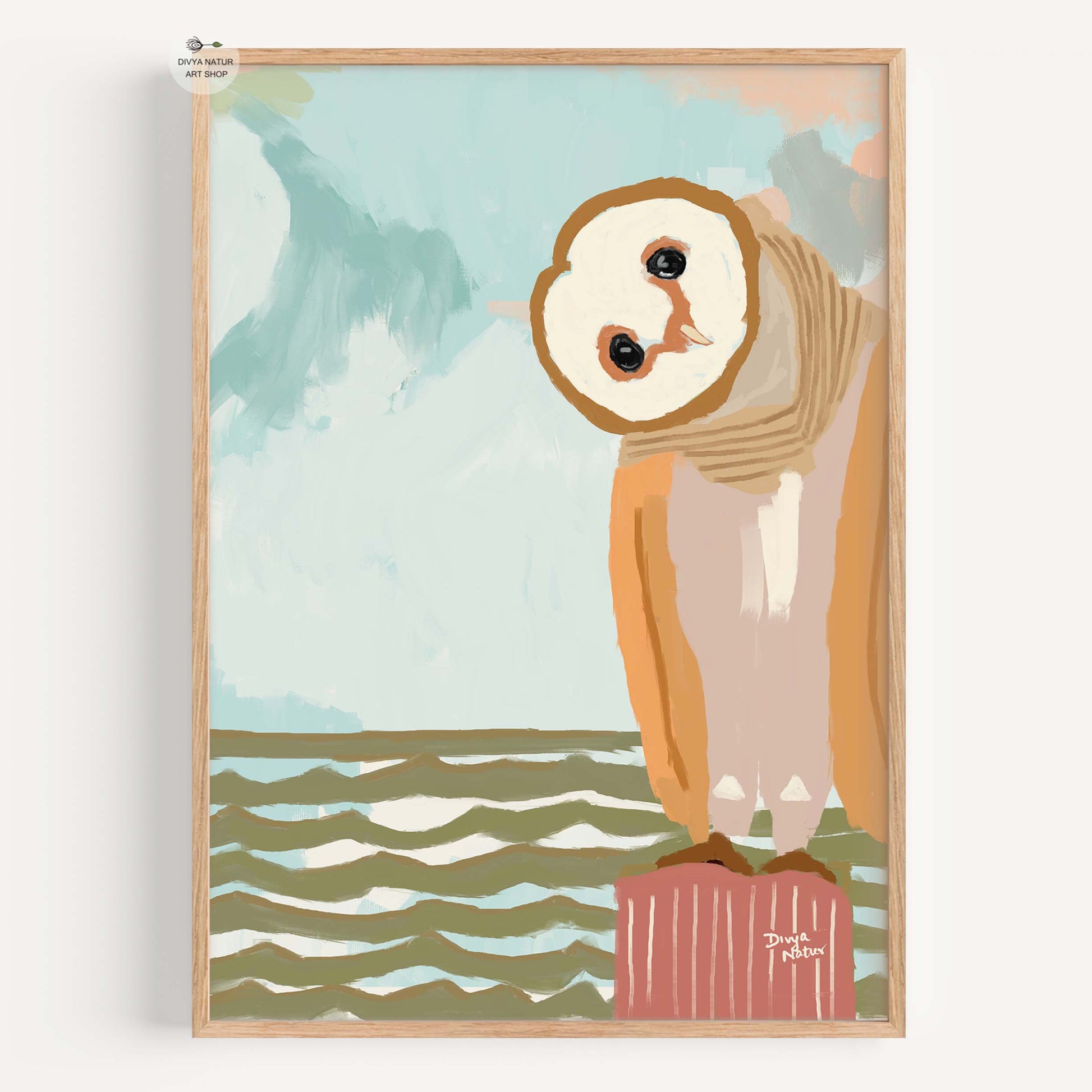 Whimsical barn owl tilting its head by the ocean, fine art print with coastal and wildlife theme
