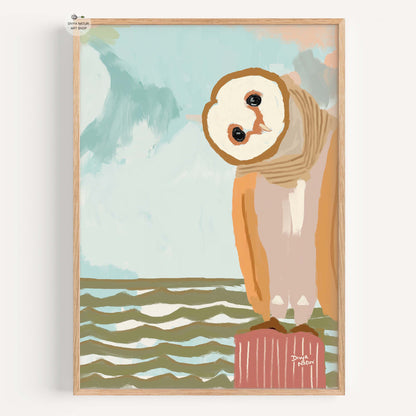 Whimsical barn owl tilting its head by the ocean, fine art print with coastal and wildlife theme