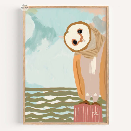 Whimsical barn owl tilting its head by the ocean, fine art print with coastal and wildlife theme