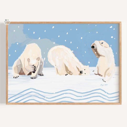 Whimsical polar bear family playing in snow, fine art wildlife print in soft whites and blues