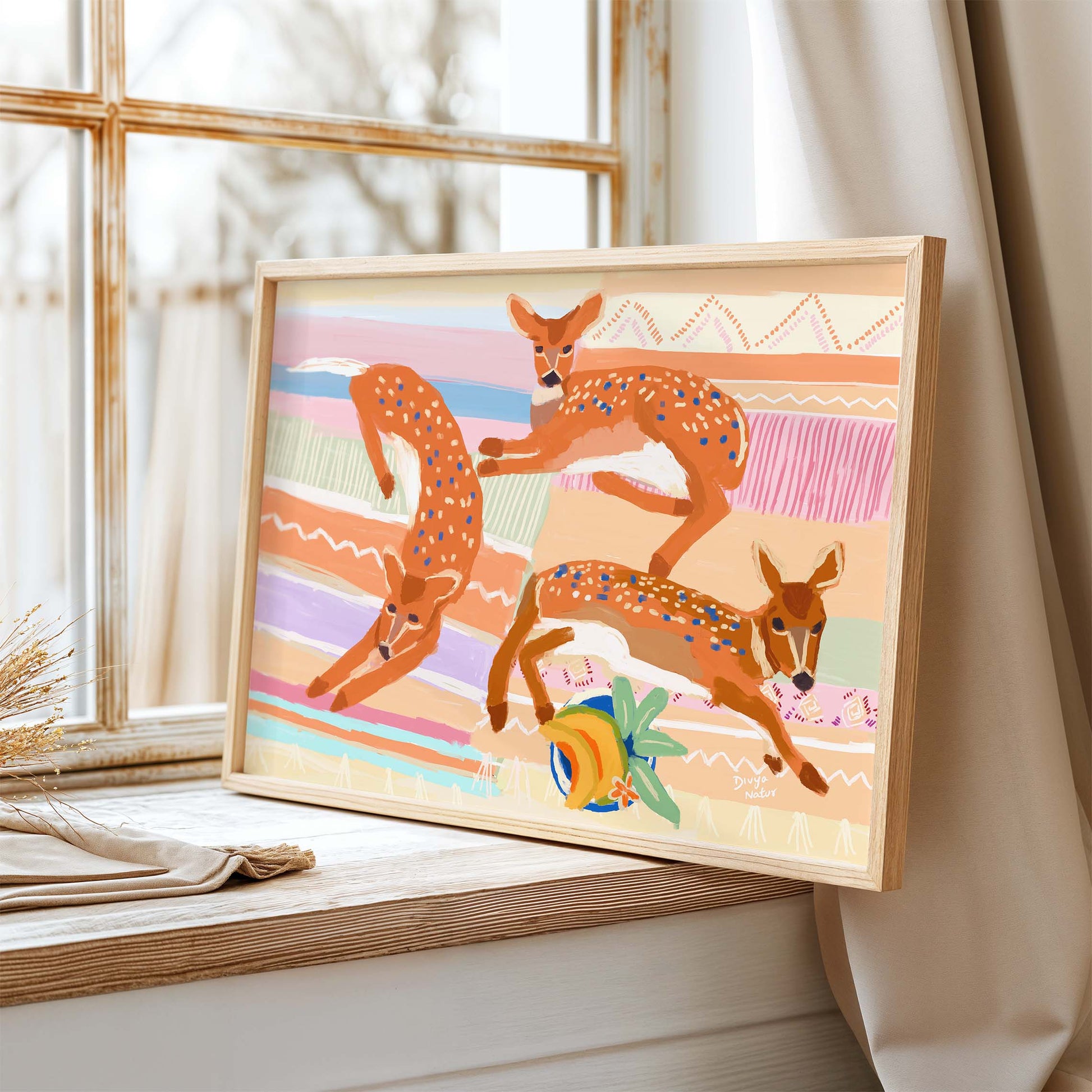 Bold wildlife art print featuring three deer in motion, painted with vibrant brushstrokes and colors