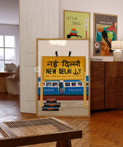 Indian Railways blue coaches and perched crows on the New Delhi station signboard.