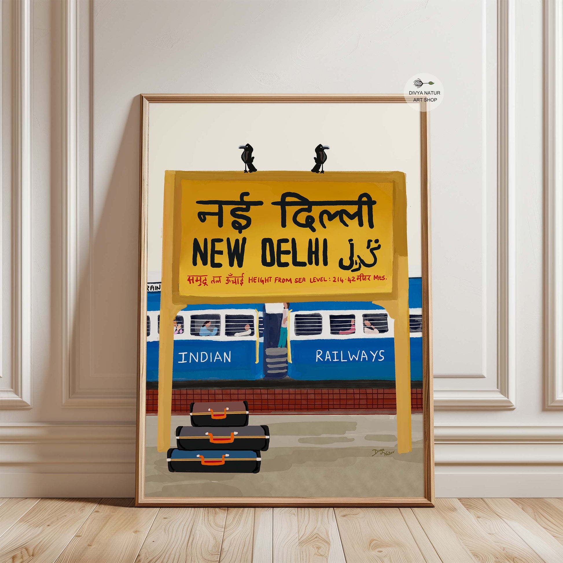New Delhi Railway Station art with stacked suitcases, Indian Railways coaches, and crows.