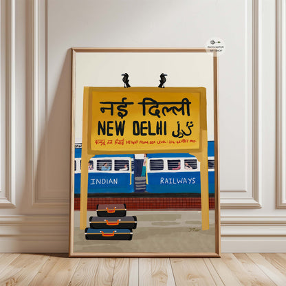New Delhi Railway Station art with stacked suitcases, Indian Railways coaches, and crows.