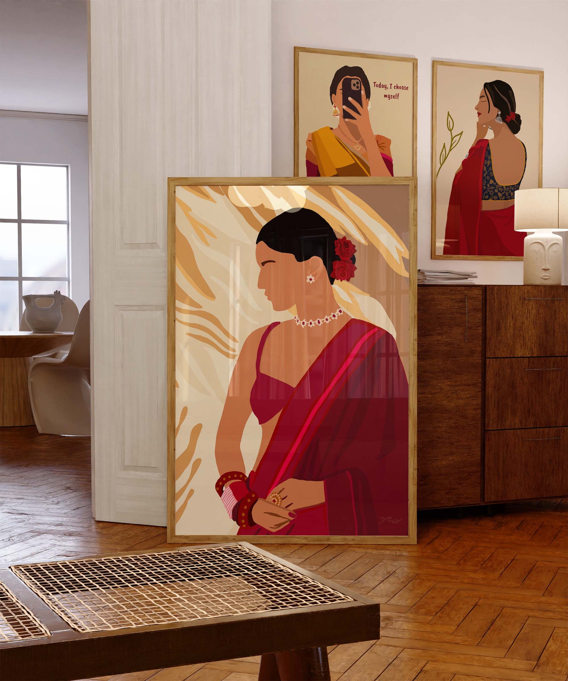 Cultural artwork of a woman in red saree with roses and jewelry.