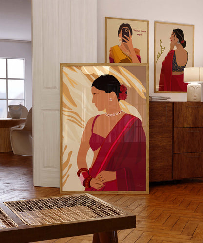 Cultural artwork of a woman in red saree with roses and jewelry.