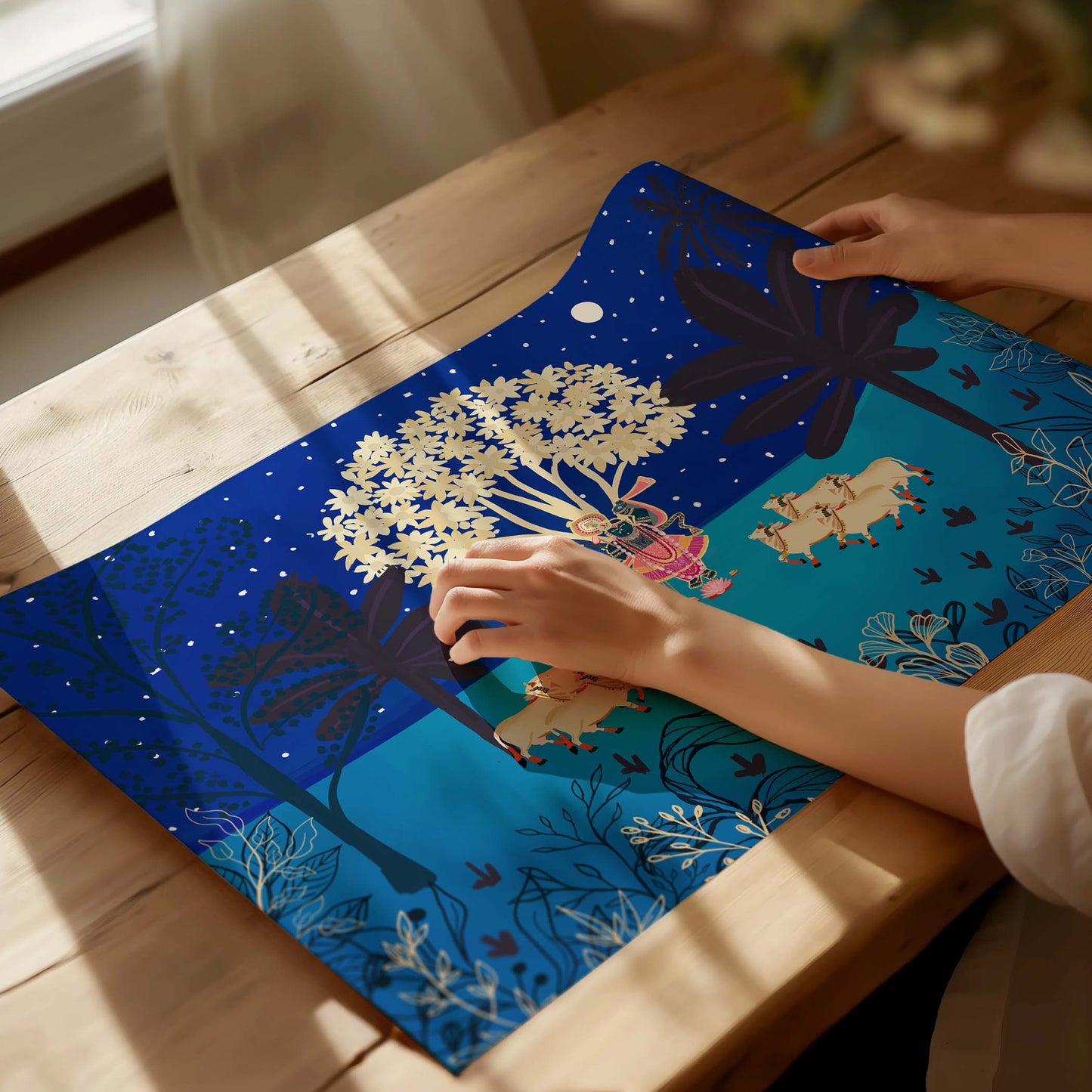 Krishna with cows artwork symbolizing love, calmness, and divine connection.