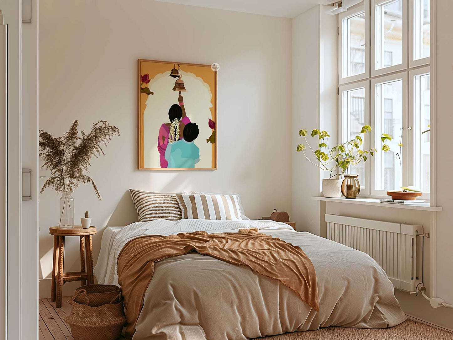 Woman in pink saree lifted by husband in Hindu temple setting fine art print.