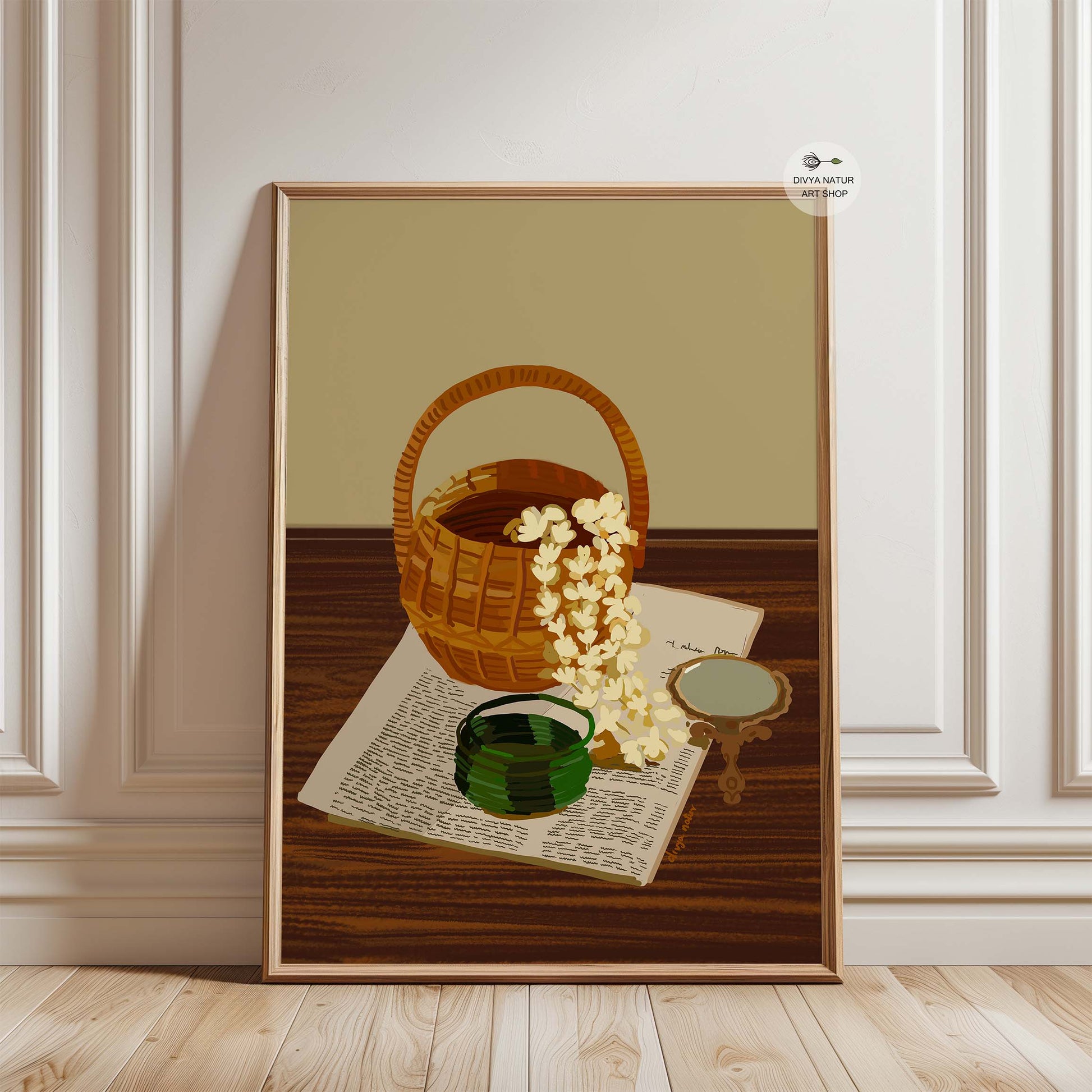 Peaceful Indian still life composition with earthy tones and muted beige background.