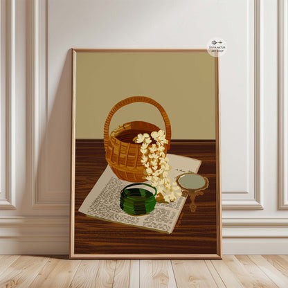 Peaceful Indian still life composition with earthy tones and muted beige background.