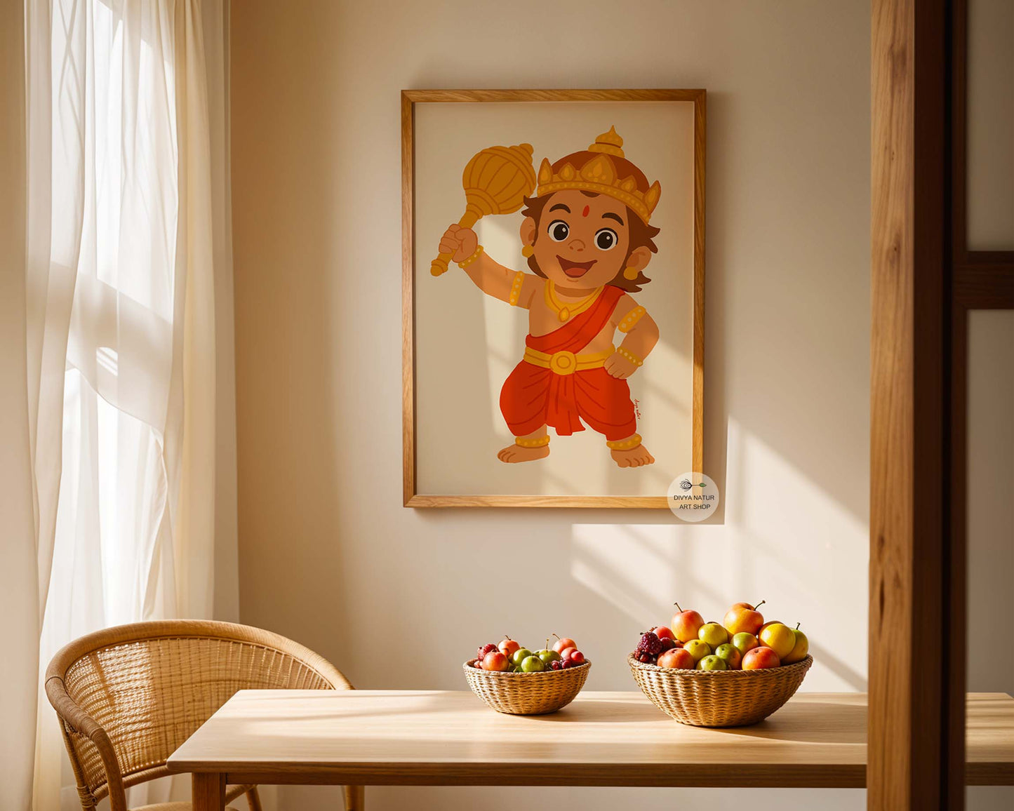 Indian mythology-inspired Baby Hanuman artwork on museum-quality paper.