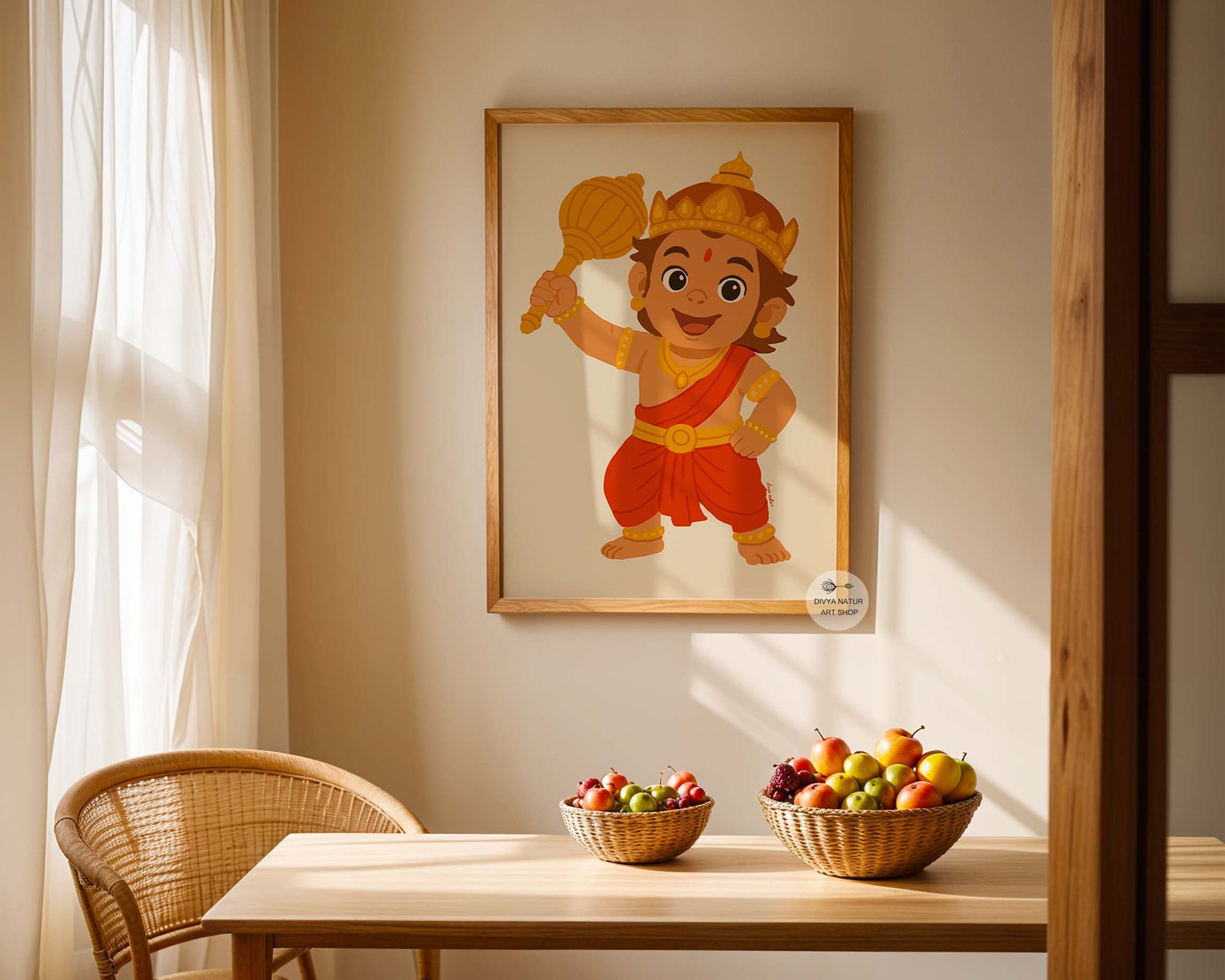 Indian mythology-inspired Baby Hanuman artwork on museum-quality paper.