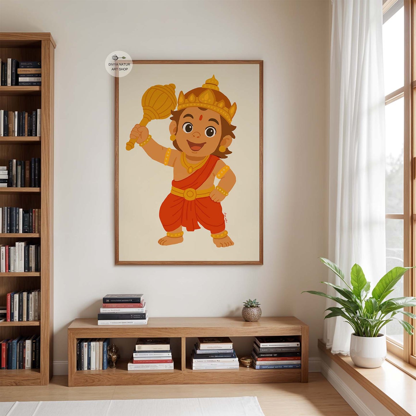 Hindu devotional art print featuring child Hanuman with joyful expression.