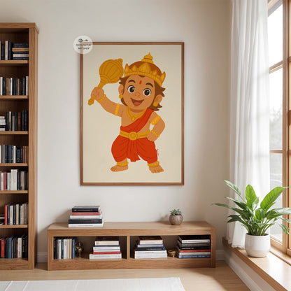 Hindu devotional art print featuring child Hanuman with joyful expression.