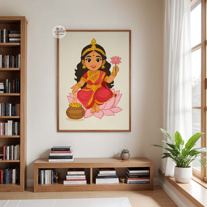 Hindu goddess fine art print featuring Lakshmi on lotus, symbol of abundance.
