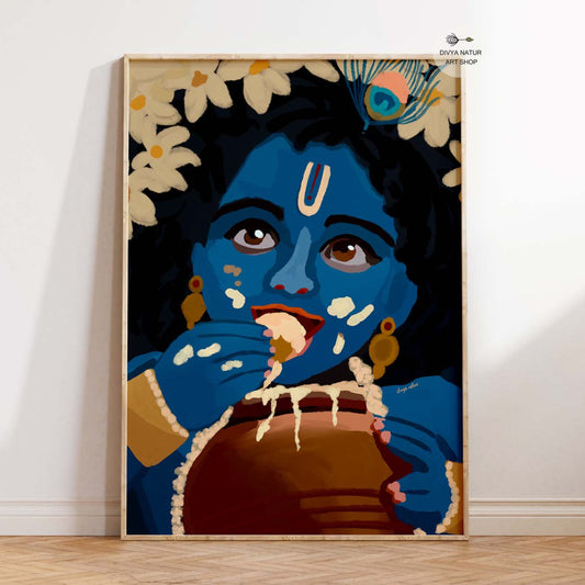 Little Krishna fine art print with butter pot, peacock feather, and ornaments