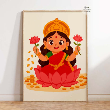 Baby Lakshmi wall art print sitting on lotus with golden coins and pink lotuses