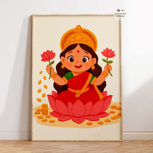 Baby Lakshmi wall art print sitting on lotus with golden coins and pink lotuses