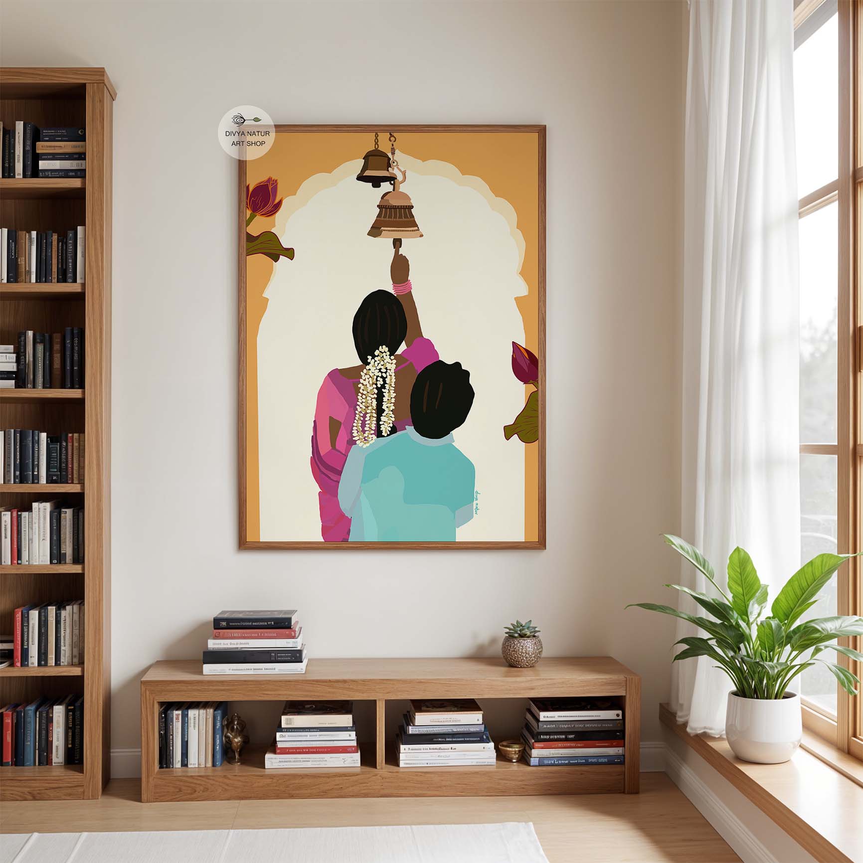 Cultural wall art of couple performing traditional temple ritual.