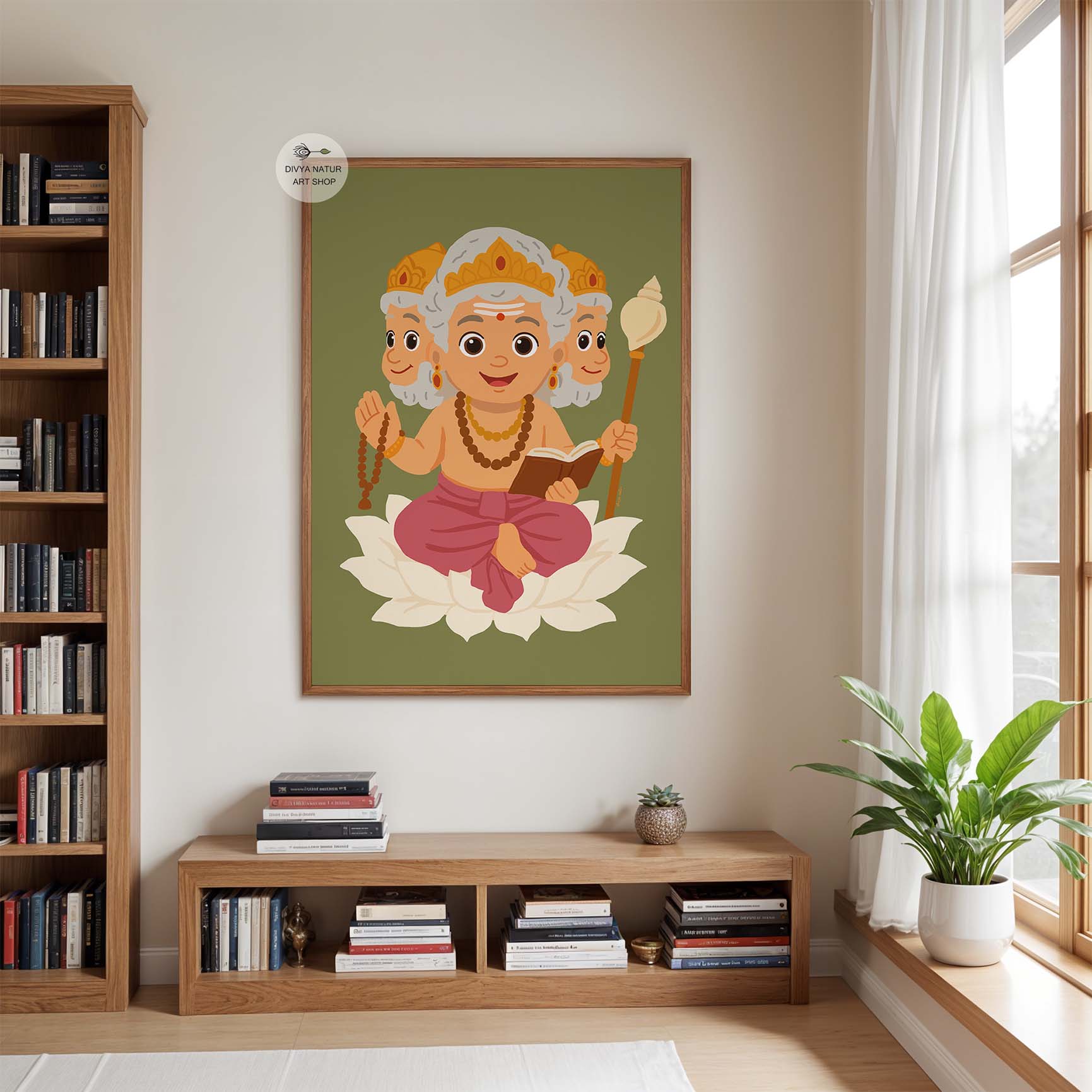 Indian mythology wall art showing Lord Brahma in traditional attire with calm divine smile