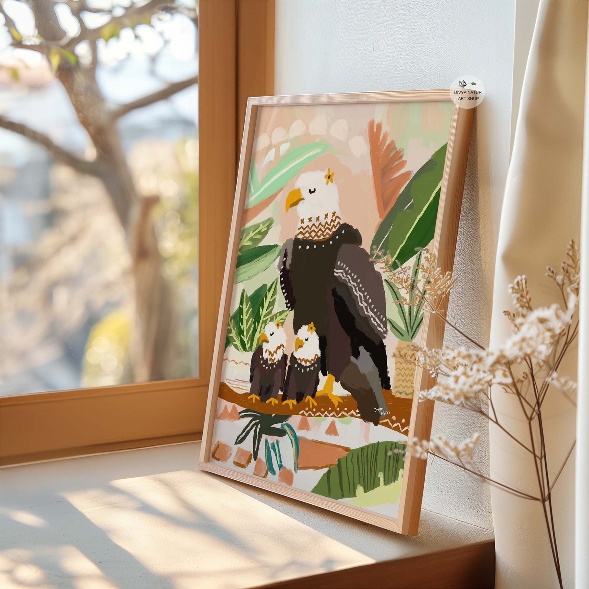 Wildlife art of mother eagle protecting her eaglets, modern fine art print for family décor
