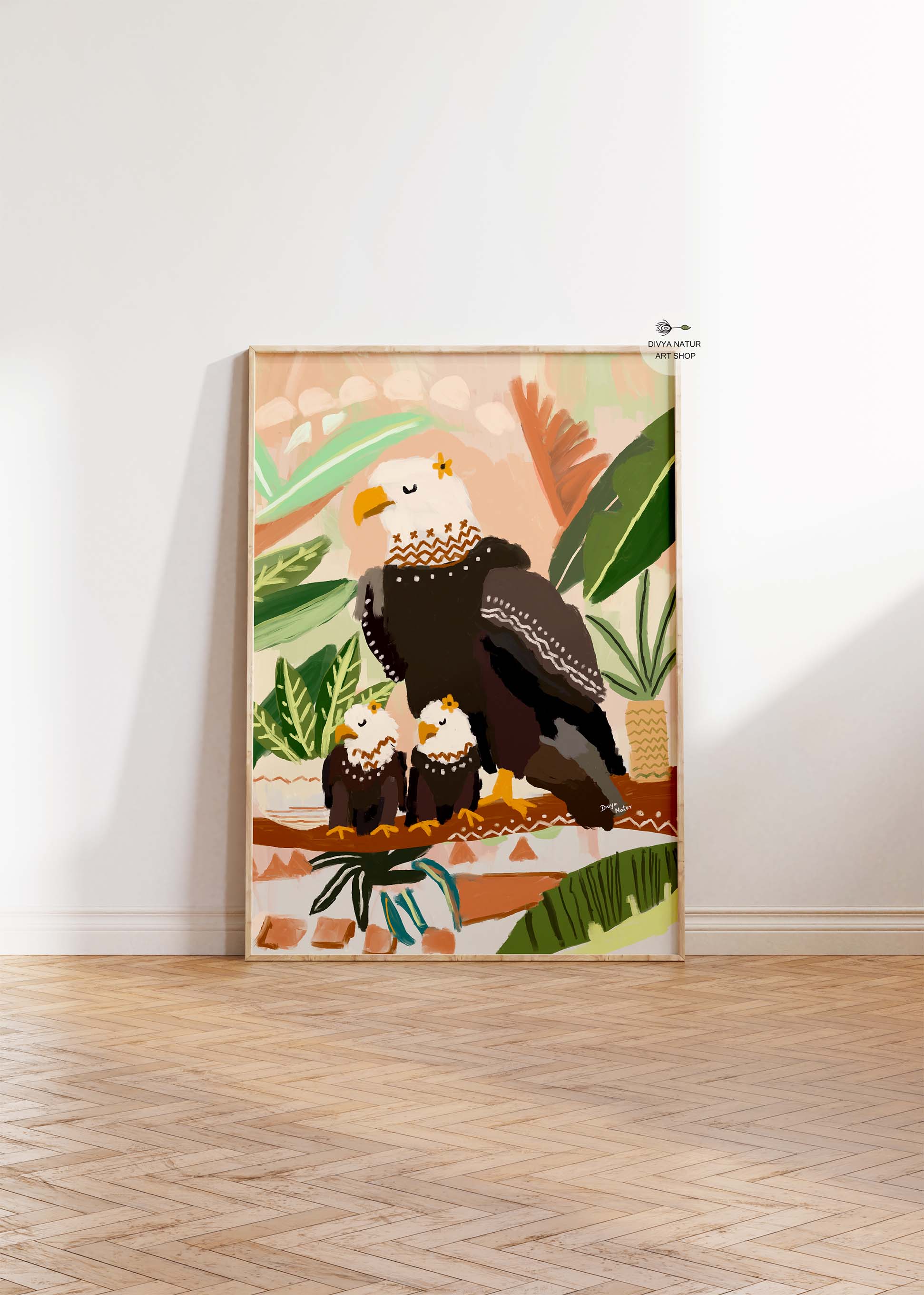Proud eagle with eaglets in lush greenery, symbolic wildlife wall art in earthy warm palette