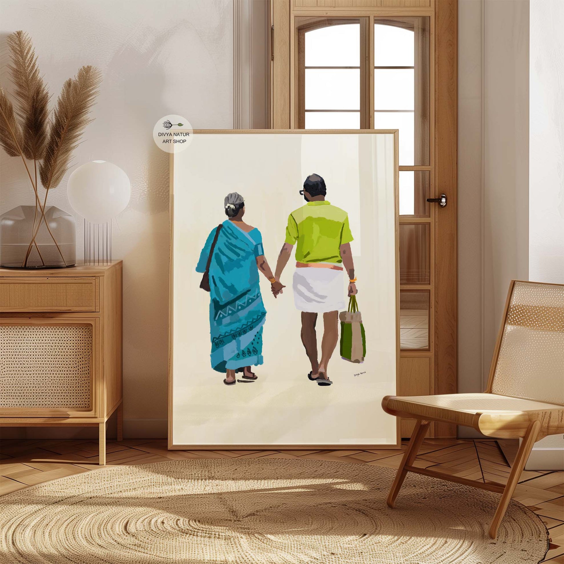 Elderly couple holding hands in minimalist painting with traditional Indian clothing.