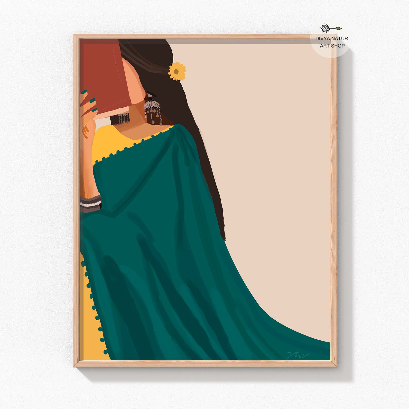 Peaceful Indian woman in a green saree immersed in reading a book.