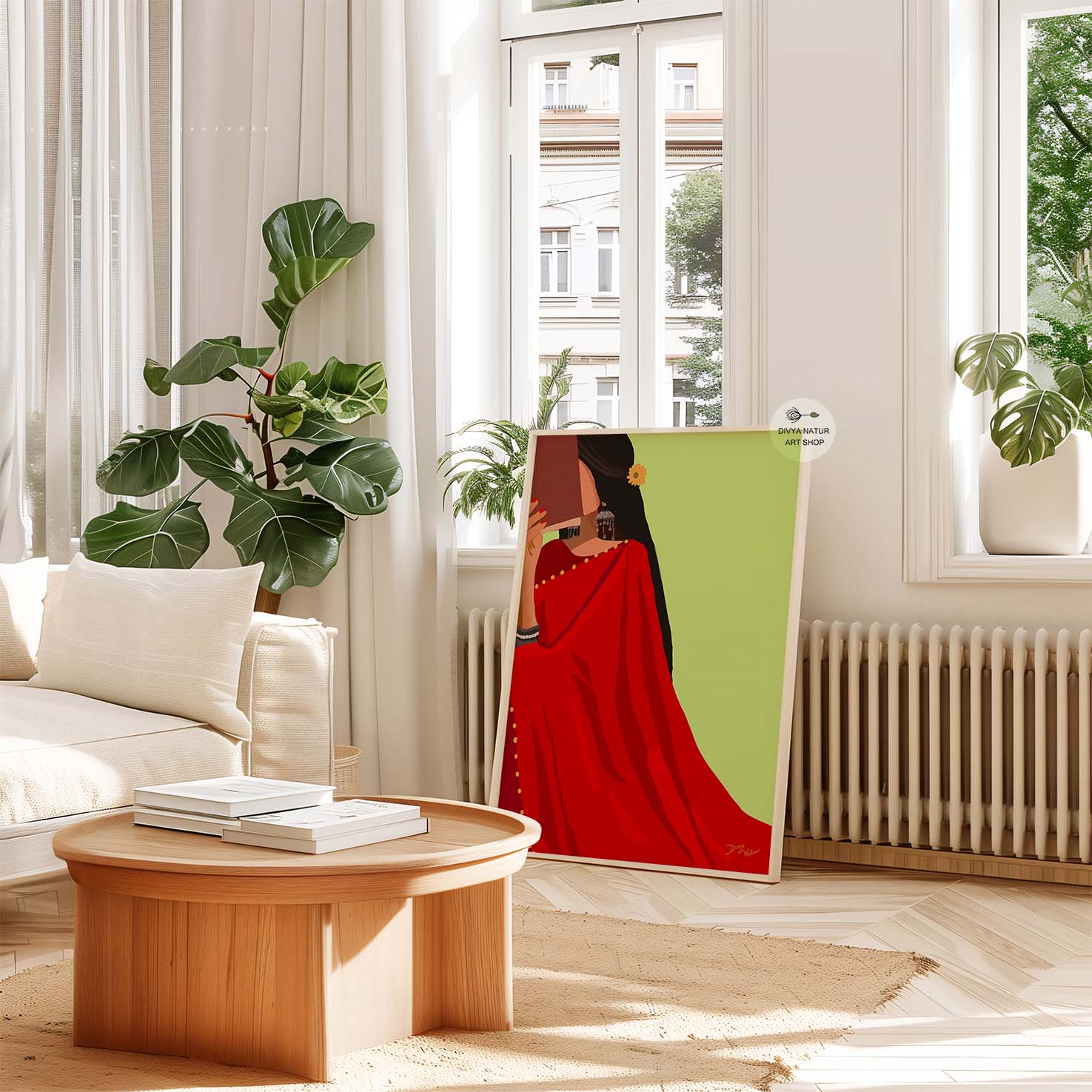 Traditional Indian woman in a red saree engaged in reading.