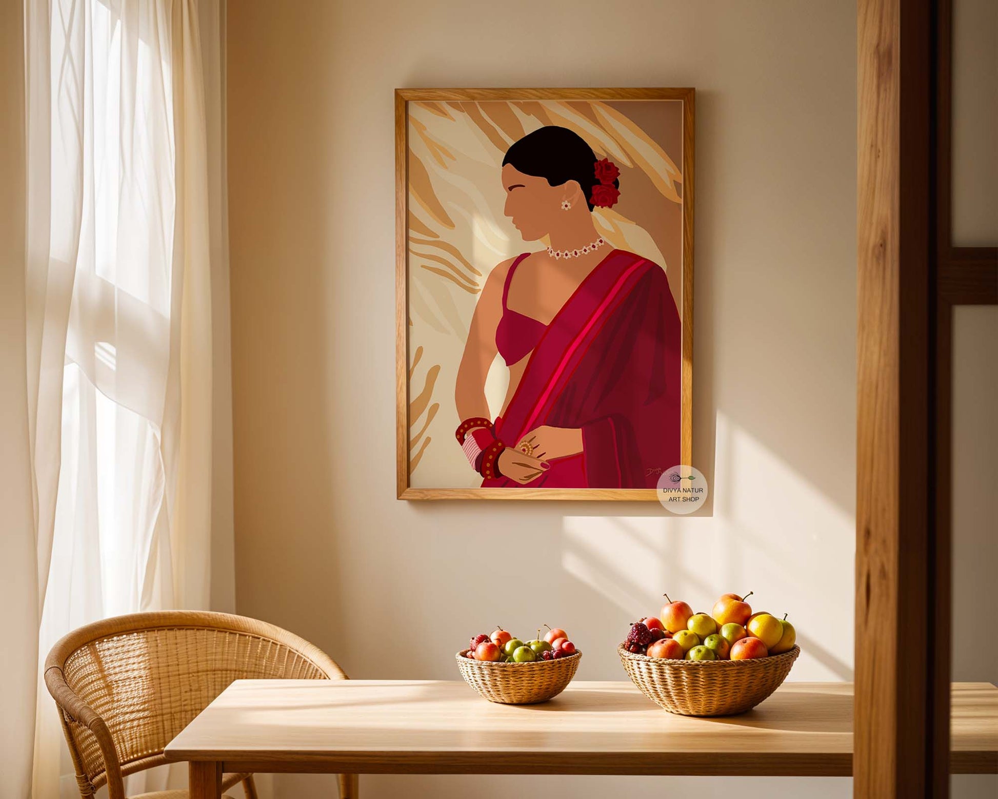Red saree art print representing Indian culture and femininity.
