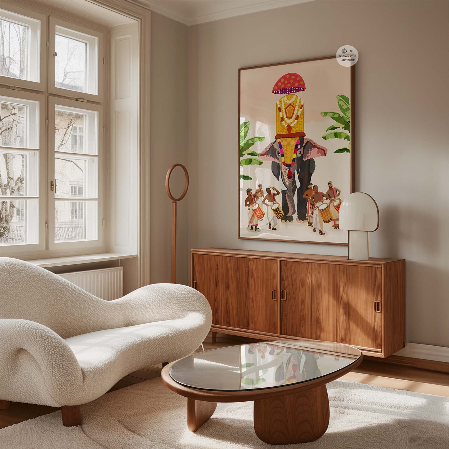 Indian cultural wall art showing vibrant Thrissur Pooram elephant and temple musicians