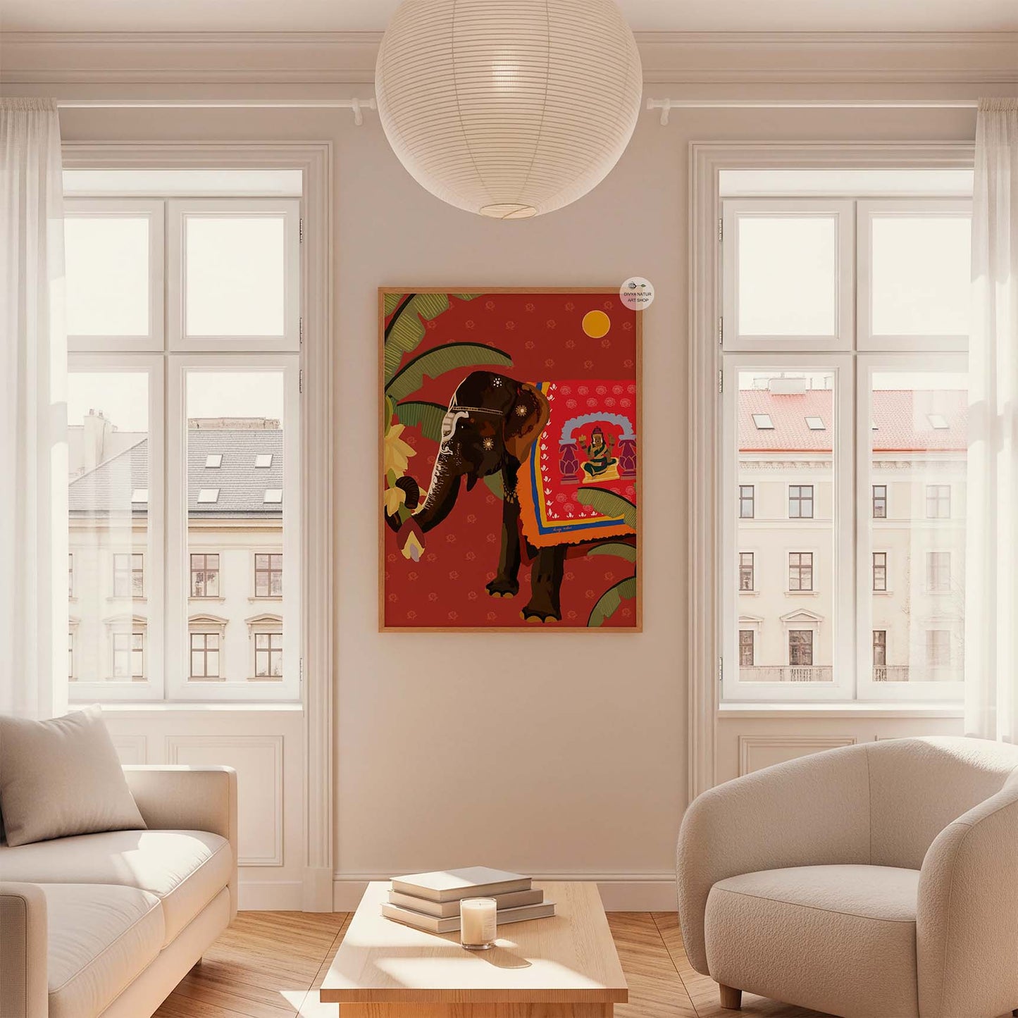 Indian elephant illustration with ornate design and festival patterns for premium wall print.