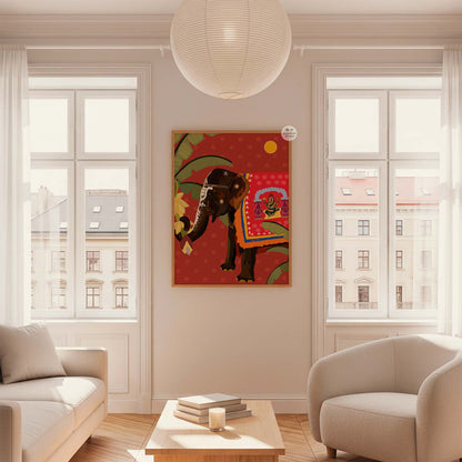 Indian elephant illustration with ornate design and festival patterns for premium wall print.