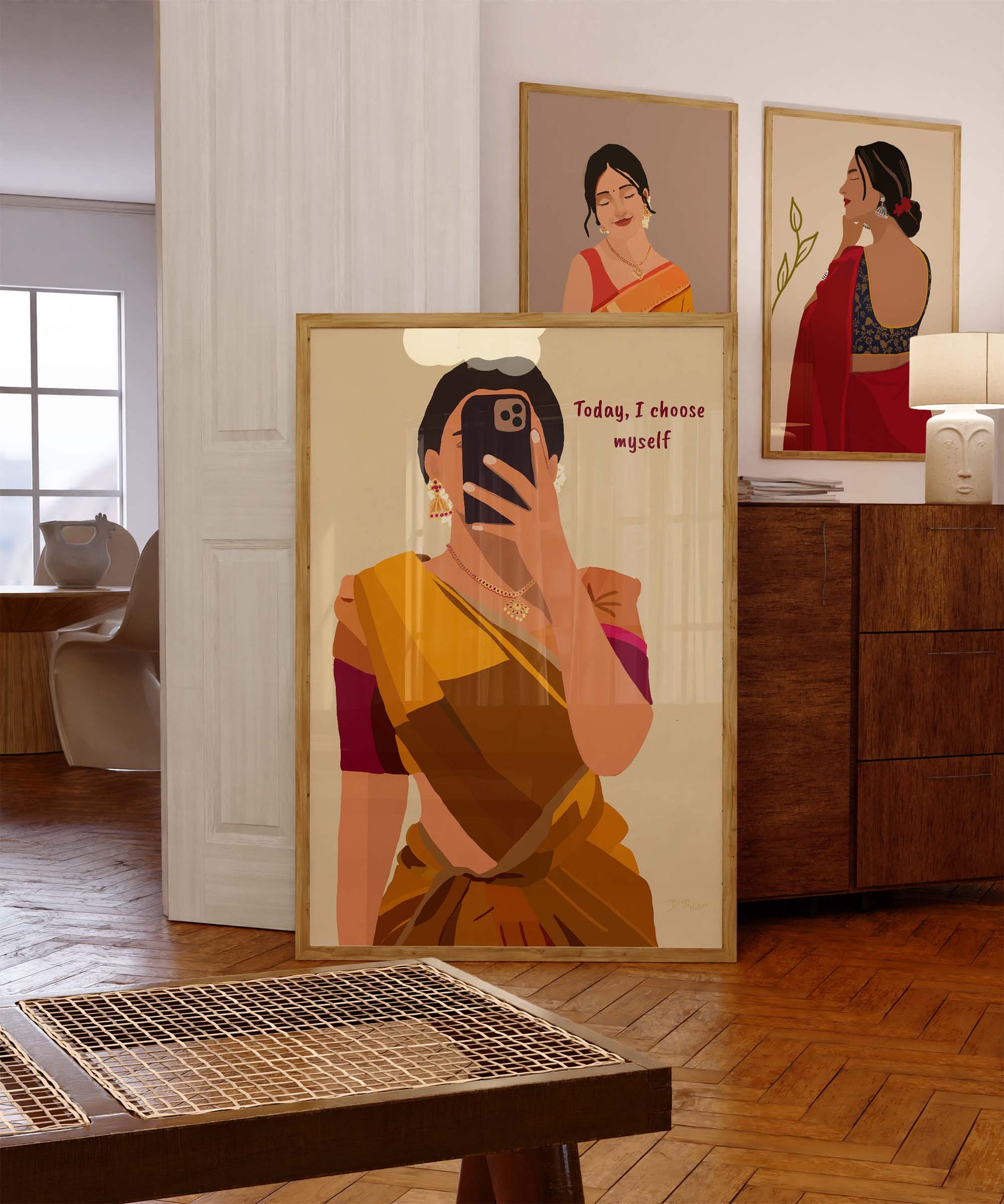 Self-love statement art featuring an Indian woman confidently taking a selfie.